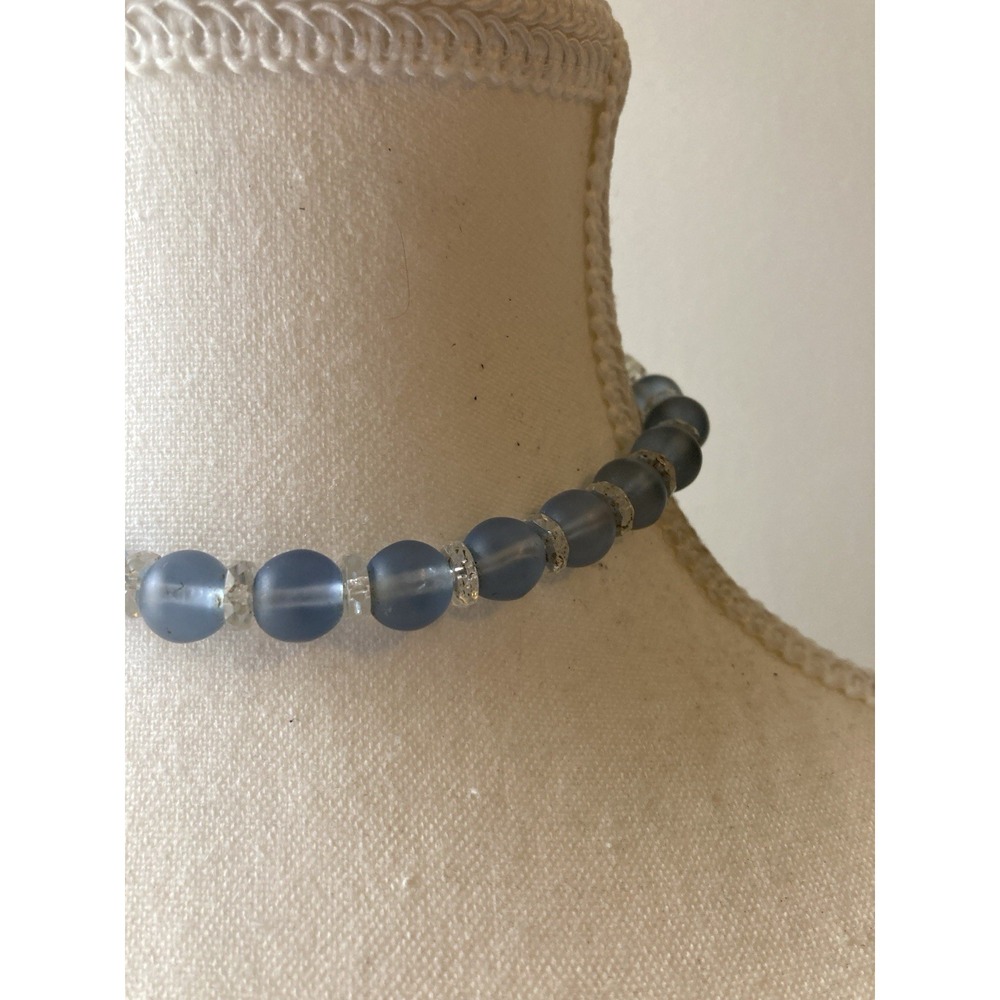 Vintage Blue Frosted Glass Bead Choker Necklace Faceted Spacer Beads Small - Picture 5 of 7